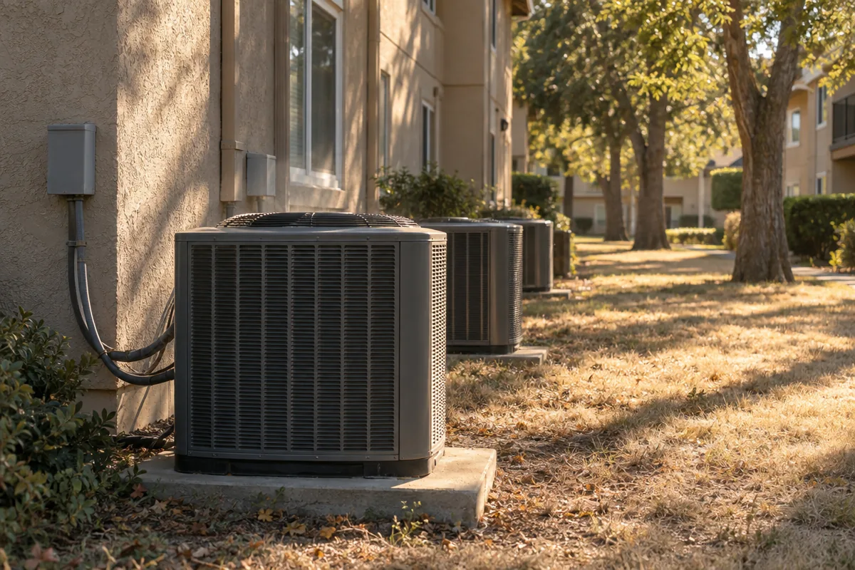 A row of outdoor air conditioning condensers on concrete pads beside a two-story garden-style Sacramento apartment building on a hot, dry August afternoon