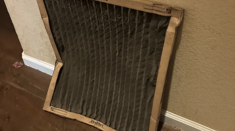 A 20x24x1 air filter left unchanged for about a year, matted gray with dust, pulled during a Sacramento short cycling service call