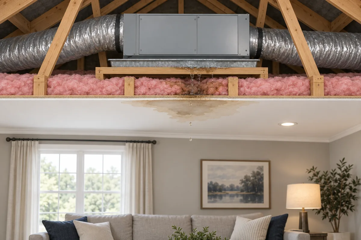 Illustration cutaway of an attic air handler overflowing its drain pan, with water staining the ceiling of the room below