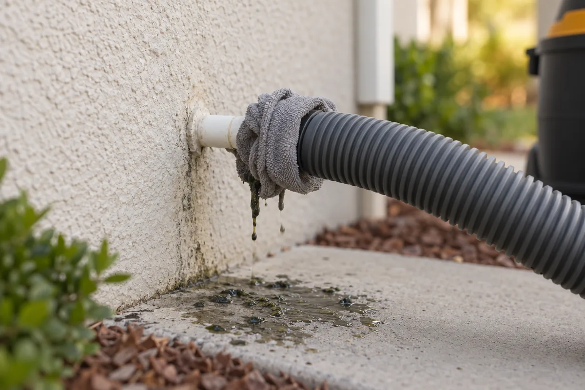 Illustration of a wet dry vacuum hose sealed over a three quarter inch PVC condensate stub, drawing sludge out