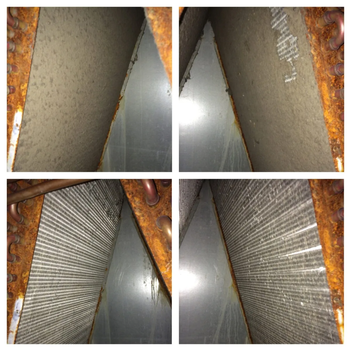 A residential evaporator coil photographed before and after cleaning, showing fins matted with debris and then clear