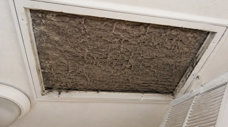 A ceiling return-air filter buried under a thick mat of dust, the airflow restriction that freezes AC coils