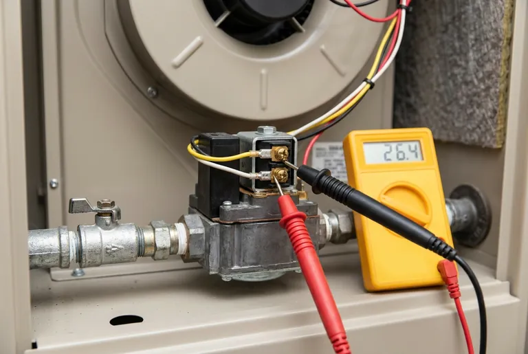 Technician testing a furnace gas valve solenoid coil for 24 volts with a digital multimeter