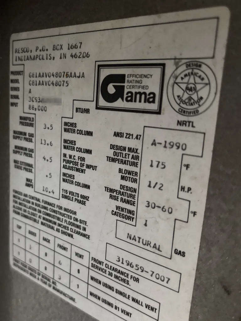 A gas furnace rating plate from a Citrus Heights service call: the serial number's first four digits, ending in 93, are readable and the rest is blurred, and fine print at the lower left says the first four digits give the week and year of manufacture