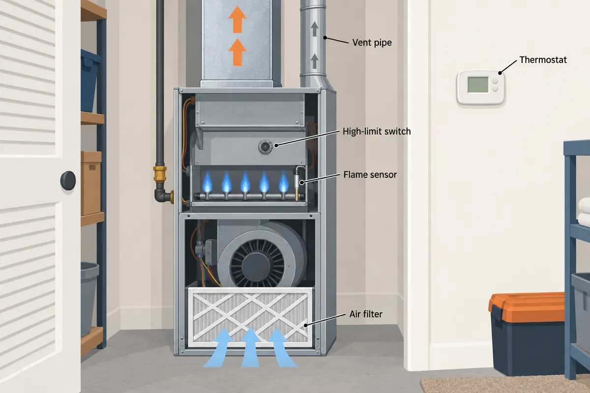 Illustration of a gas furnace cutaway in a utility closet with five labels: the flame sensor in the burner flames, the high-limit switch above the burners, the air filter at the return, the vent pipe, and the wall thermostat