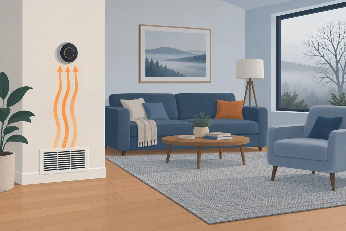 Illustration of a wall thermostat mounted directly above a supply register, with warm air rising from the register onto the thermostat while the rest of the living room stays cool