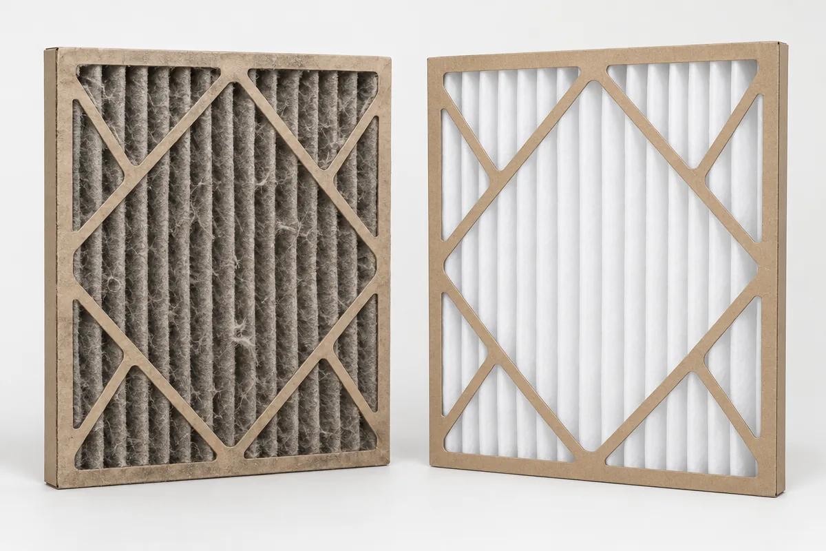 Illustration comparing a heavily loaded pleated air filter beside a clean new one