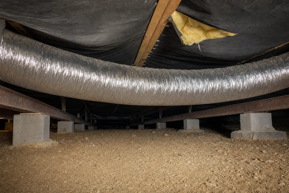 Illustration of a large insulated crossover duct spanning the crawl space beneath a double-wide manufactured home, with the black belly board torn open above it