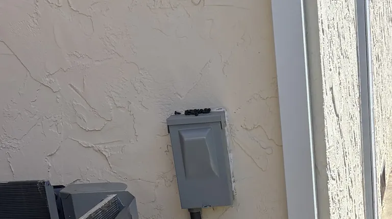The gray outdoor electrical disconnect box mounted on a stucco wall above an AC condenser unit at a Sacramento home