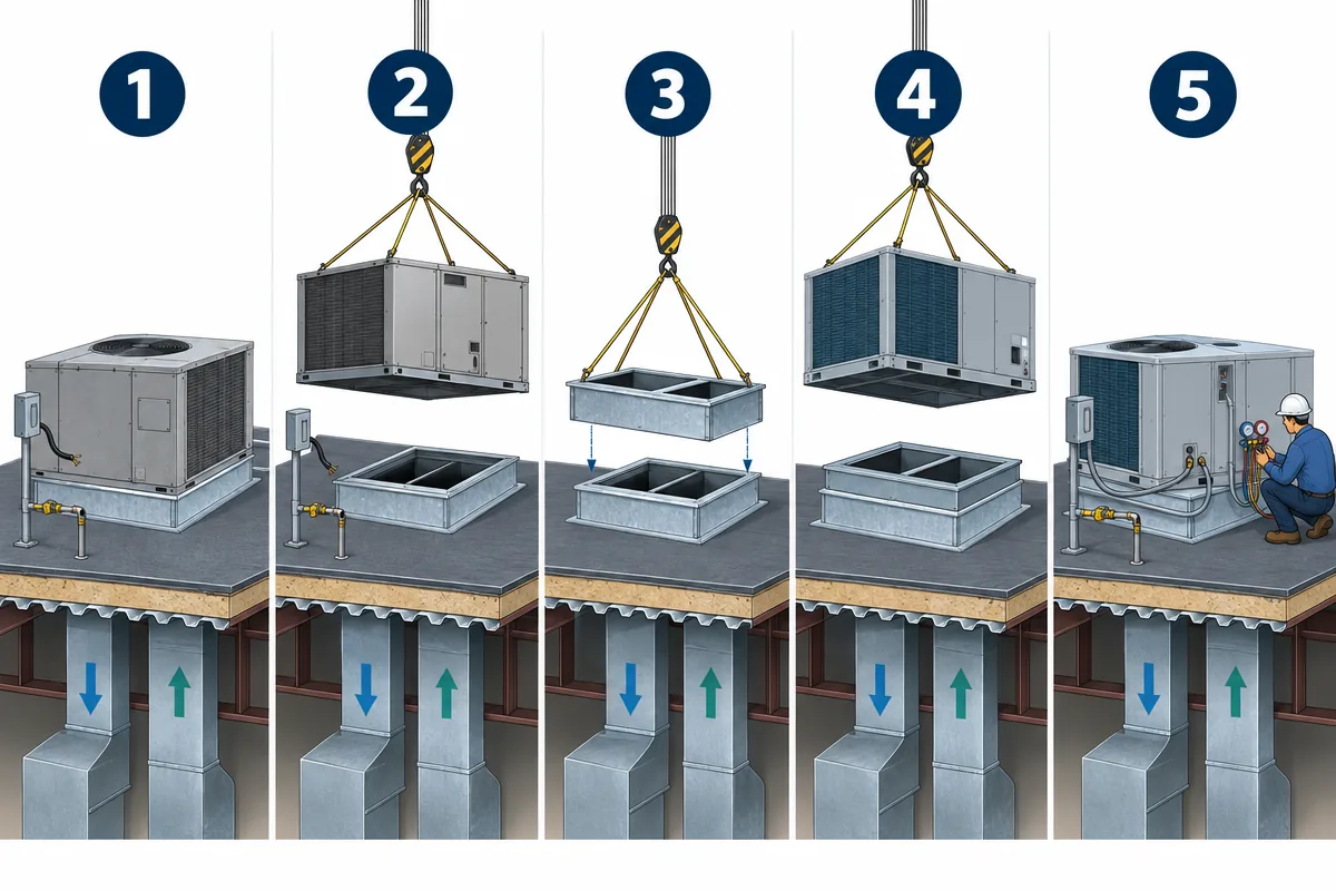 Illustration: the five stages of a rooftop unit replacement, from disconnecting the old unit to crane lift, setting a curb adapter on the existing curb, setting the new unit and starting it up
