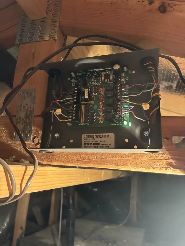 The existing ZTech two-zone HVAC control board mounted on an attic rafter in a Fair Oaks home, with thermostat and damper wiring landing on its terminals and zone status lights lit