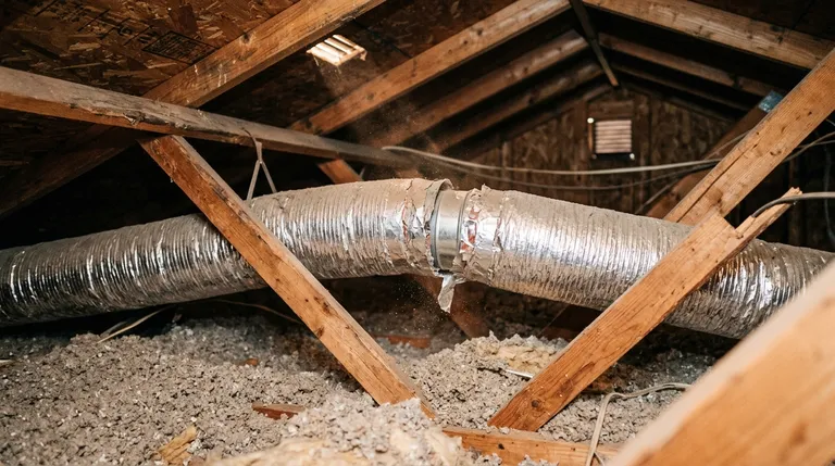 Flexible HVAC ductwork running through a hot Sacramento attic over blown-in insulation, with a loose joint leaking conditioned air into the attic