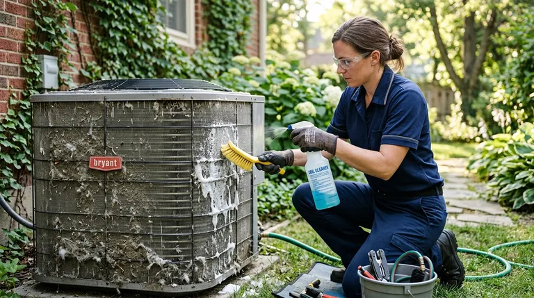 An HVAC technician cleaning the dust- and pollen-caked outdoor condenser coil fins of a residential air conditioner during a Sacramento AC tune-up