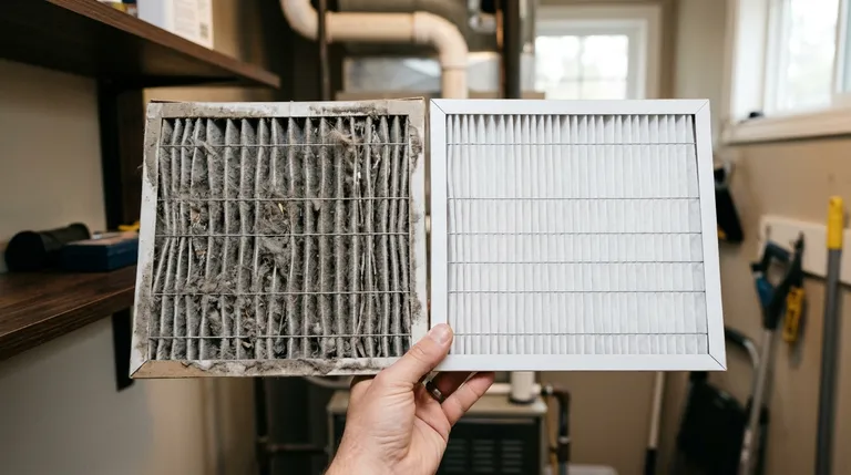 A heavily clogged, dust-caked HVAC air filter held beside a clean white pleated filter, showing how quickly Sacramento summer dust loads up an AC filter