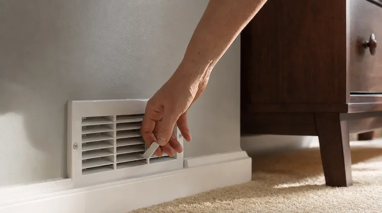 A hand opening the damper lever on a wall supply register, with a dresser pulled back from the vent to clear the airflow path