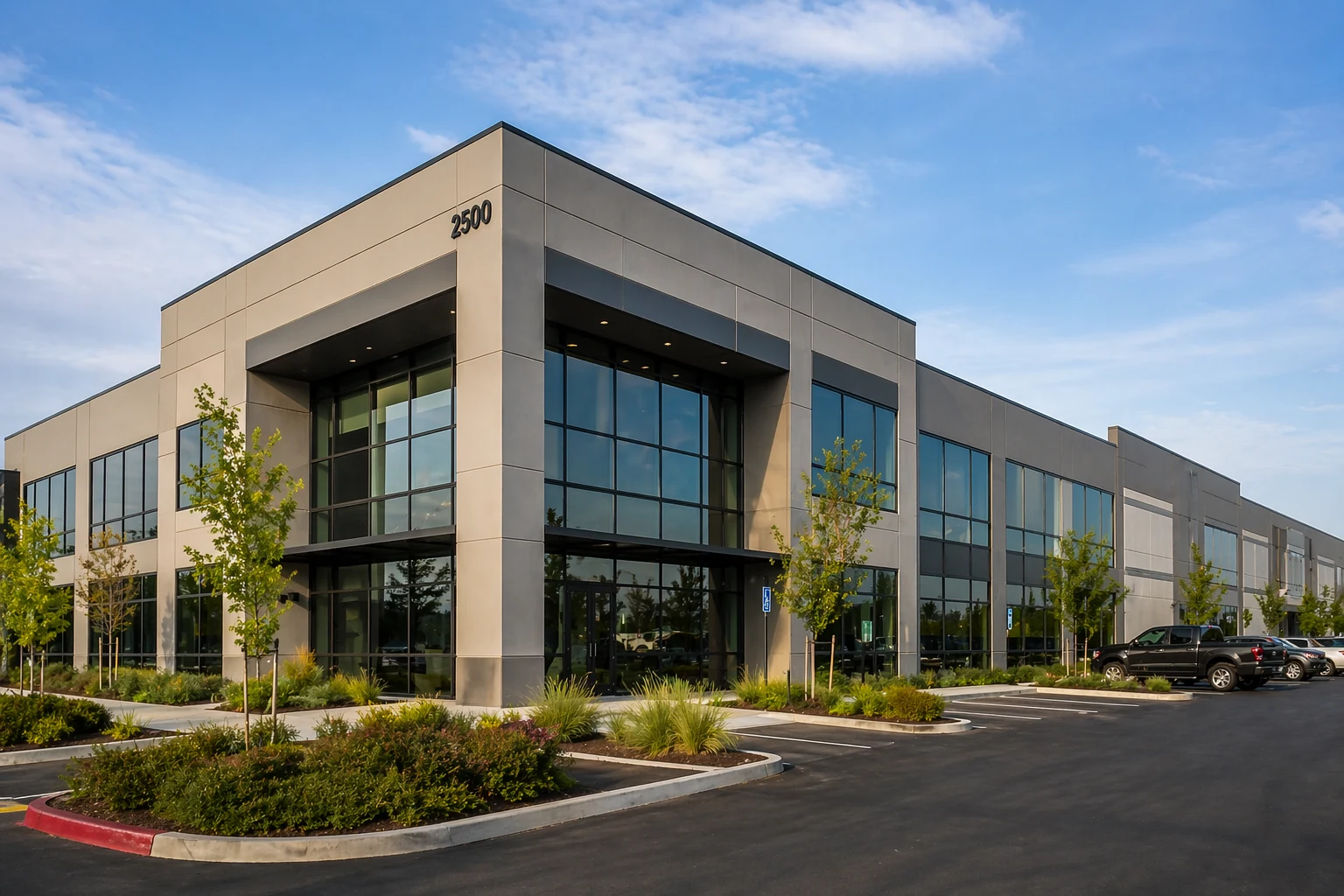 Alpha Mechanical commercial property delivery — two-story office building in the Sacramento region