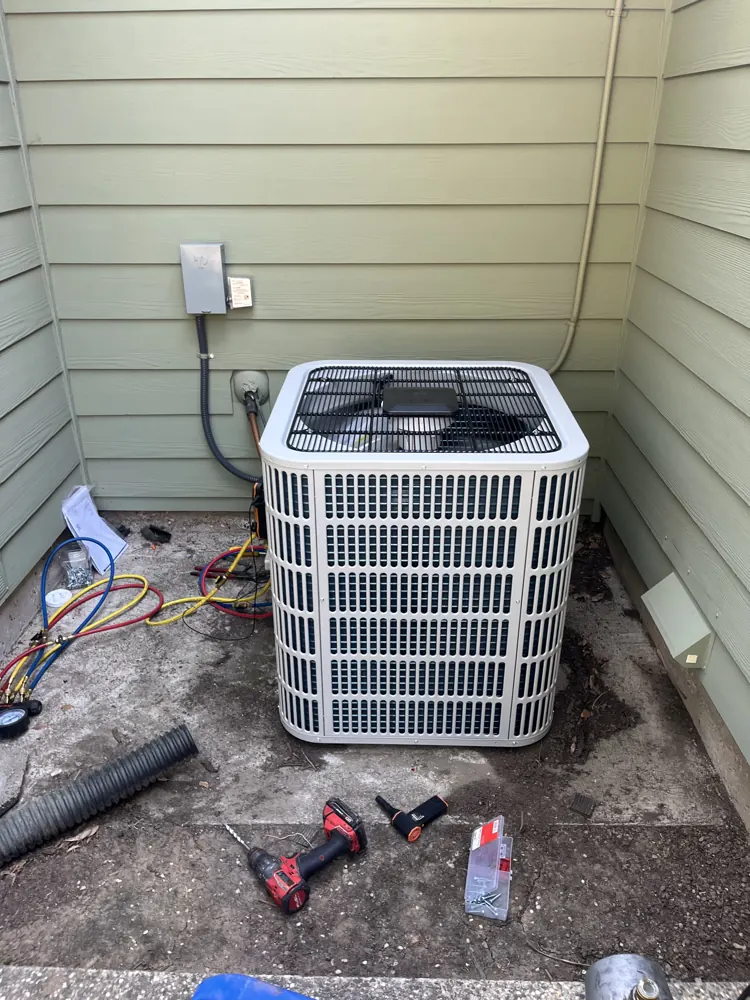 New condenser mid-install in a Fair Oaks side yard