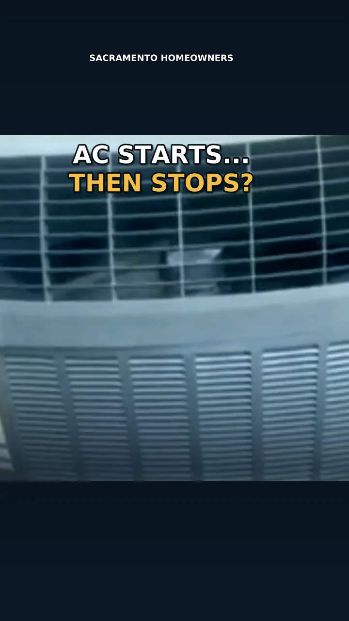 Video still from Alpha Mechanical's Short: the outdoor condenser of an air conditioner, captioned AC starts, then stops?