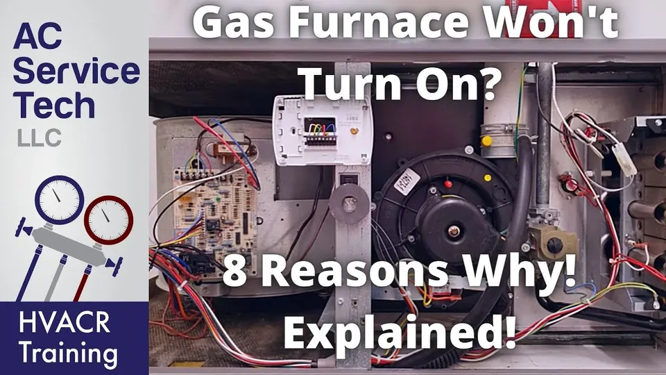 Video still: an HVAC instructor at an open gas furnace cabinet, about to walk through why it will not start