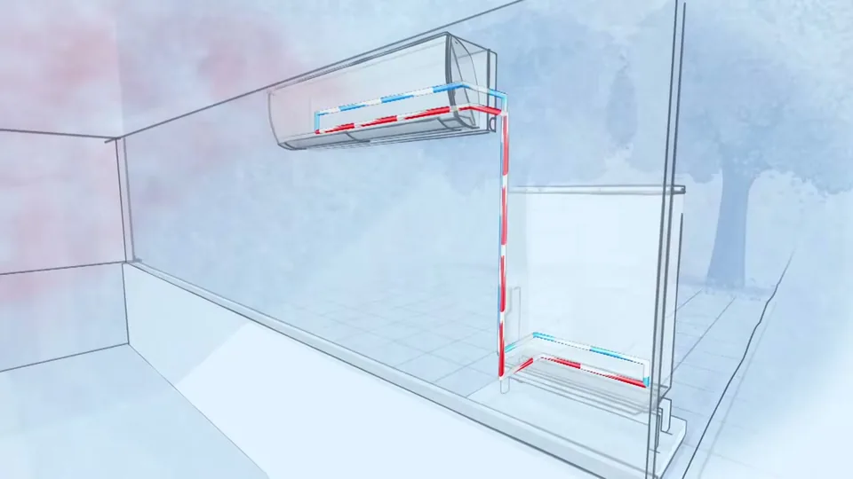 Video still: a cutaway drawing of a ductless mini split, with a wall-mounted indoor head linked by a refrigerant line to the outdoor unit, from Ask This Old House