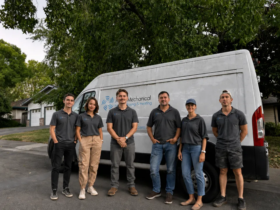 The Alpha Mechanical team standing beside a company HVAC service van outside a Fair Oaks, CA home
